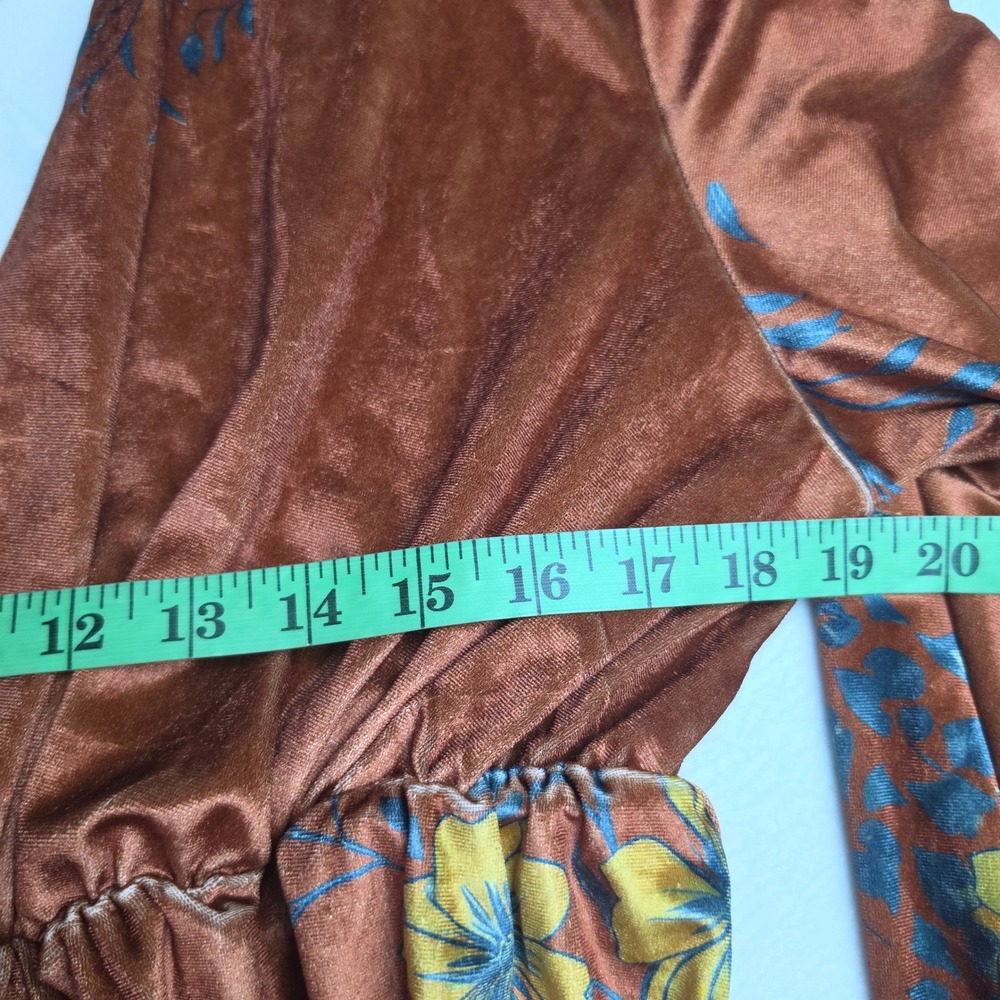 Bonne Journee Rust Velvet Floral Maxi Dress Boho Bell Sleeve V-Neck Size 2 M / L - Picture 6 of 9